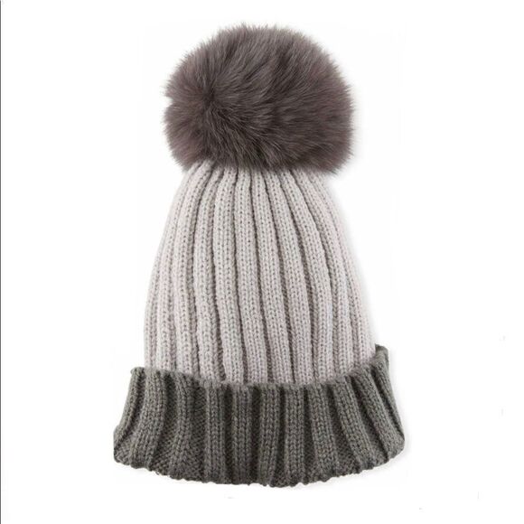 Adrienne Landau Merino Wool Fox Fur Pom Hat OS - Picture 1 of 6